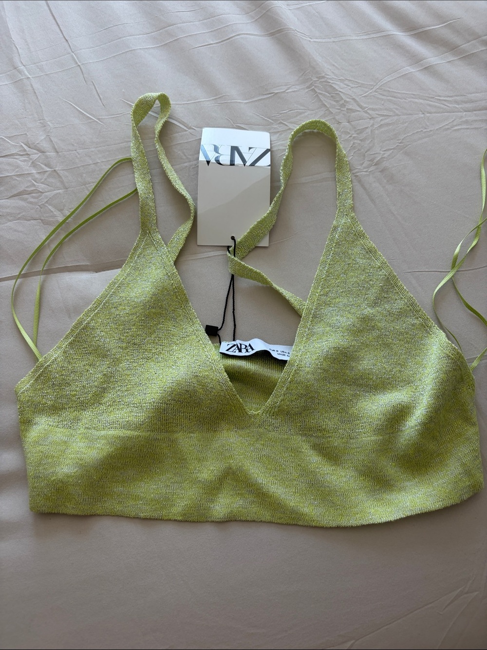 Zara Lime Green Knit V‑Plunge Bandeau Bralette